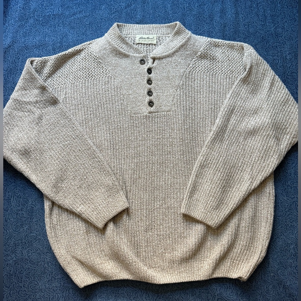 Vintage 90s Eddie Bauer Chunky Knit Henley Sweater Beige Tan USA Made